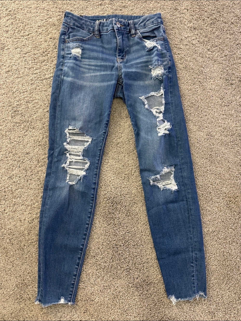 American Eagle Outfitters Distressed Skinny Jeans - Blue Denim